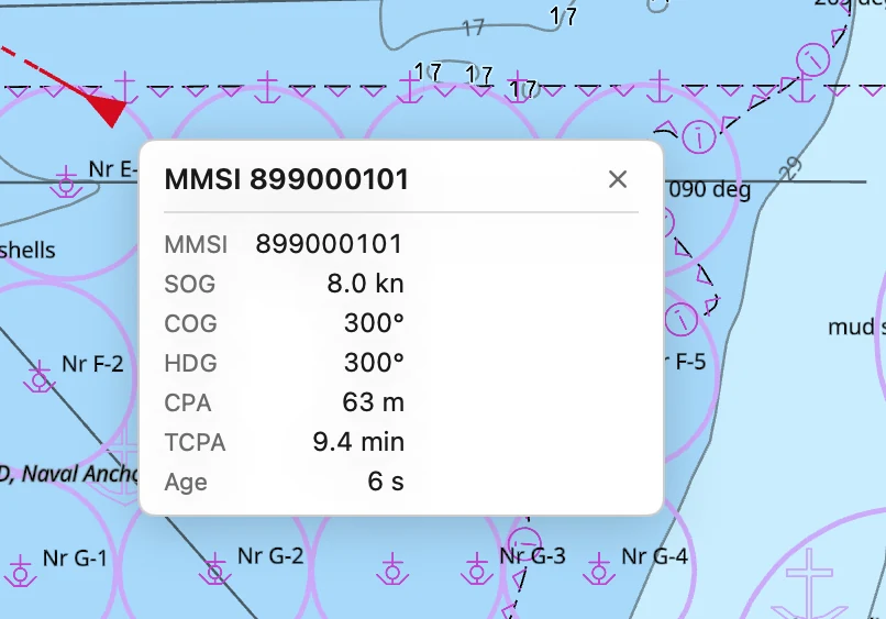 A vessel in the collision alarm, with its details pinned