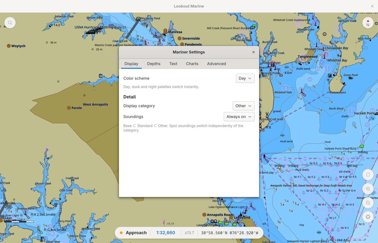 The mariner settings panel above the chart