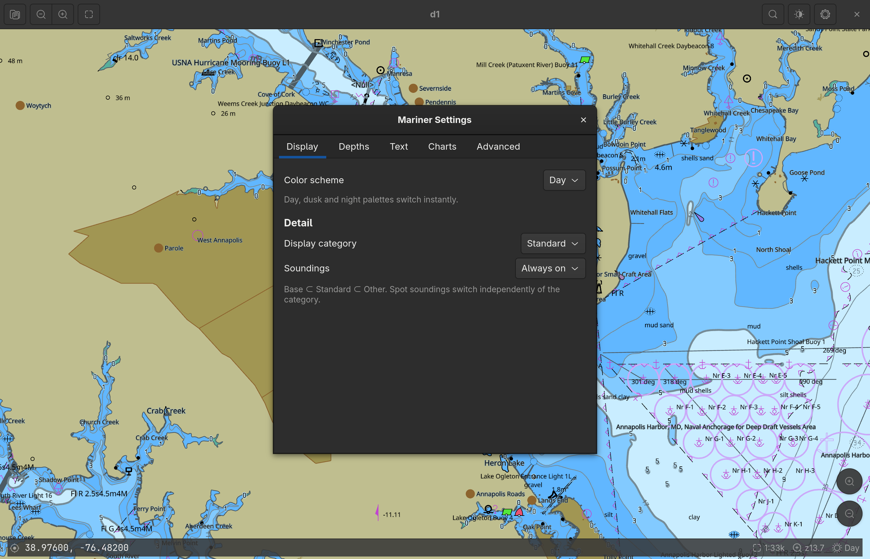The mariner settings panel above the chart