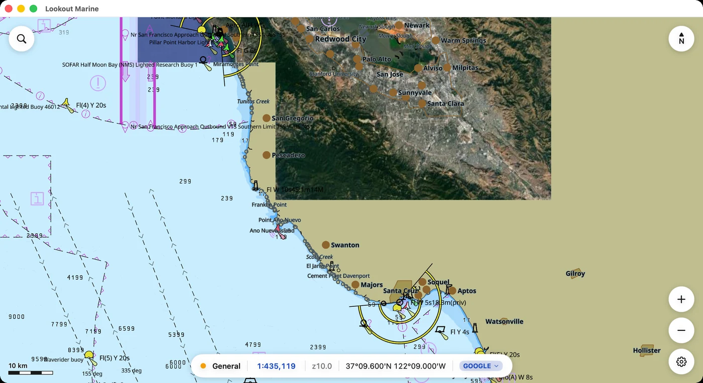 The southern edge of a raster chart's coverage, off Santa Cruz