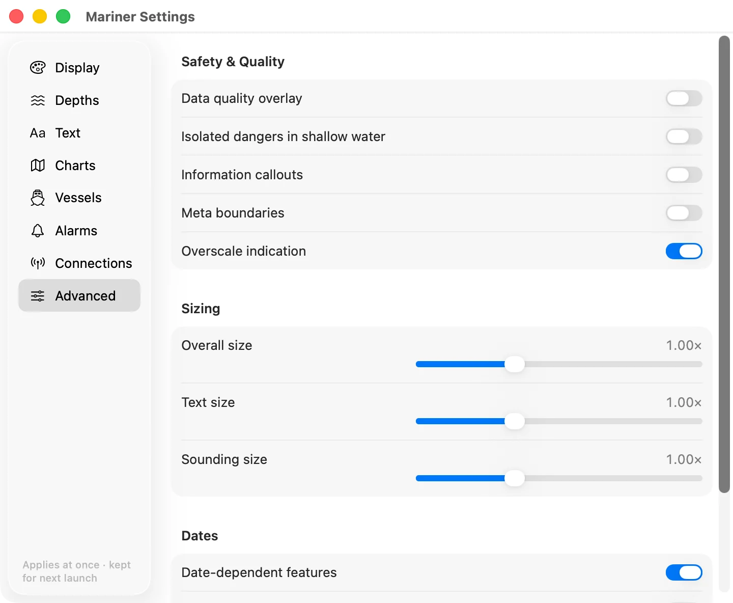 The Advanced section of mariner settings on macOS