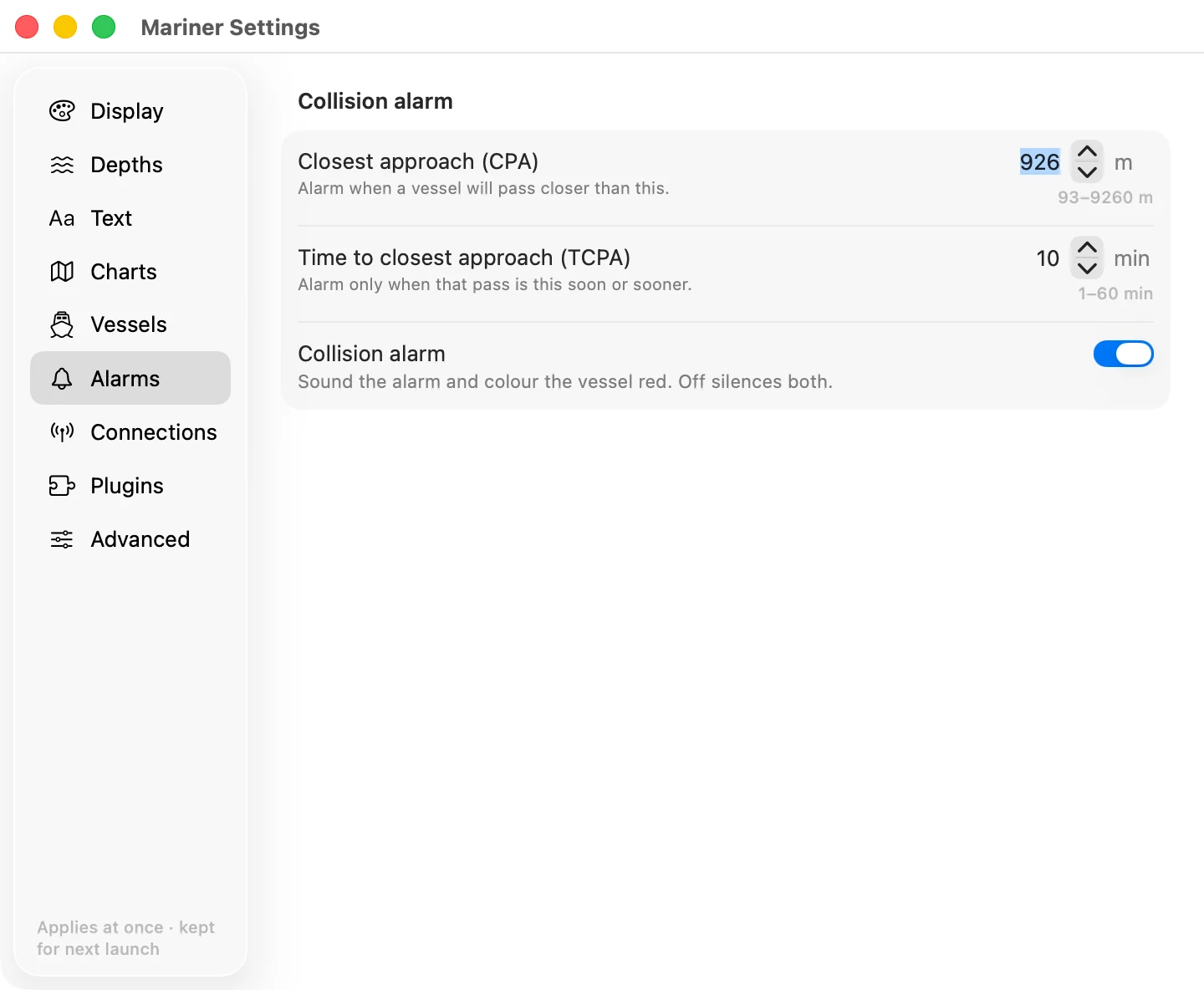 The Alarms section of mariner settings on macOS