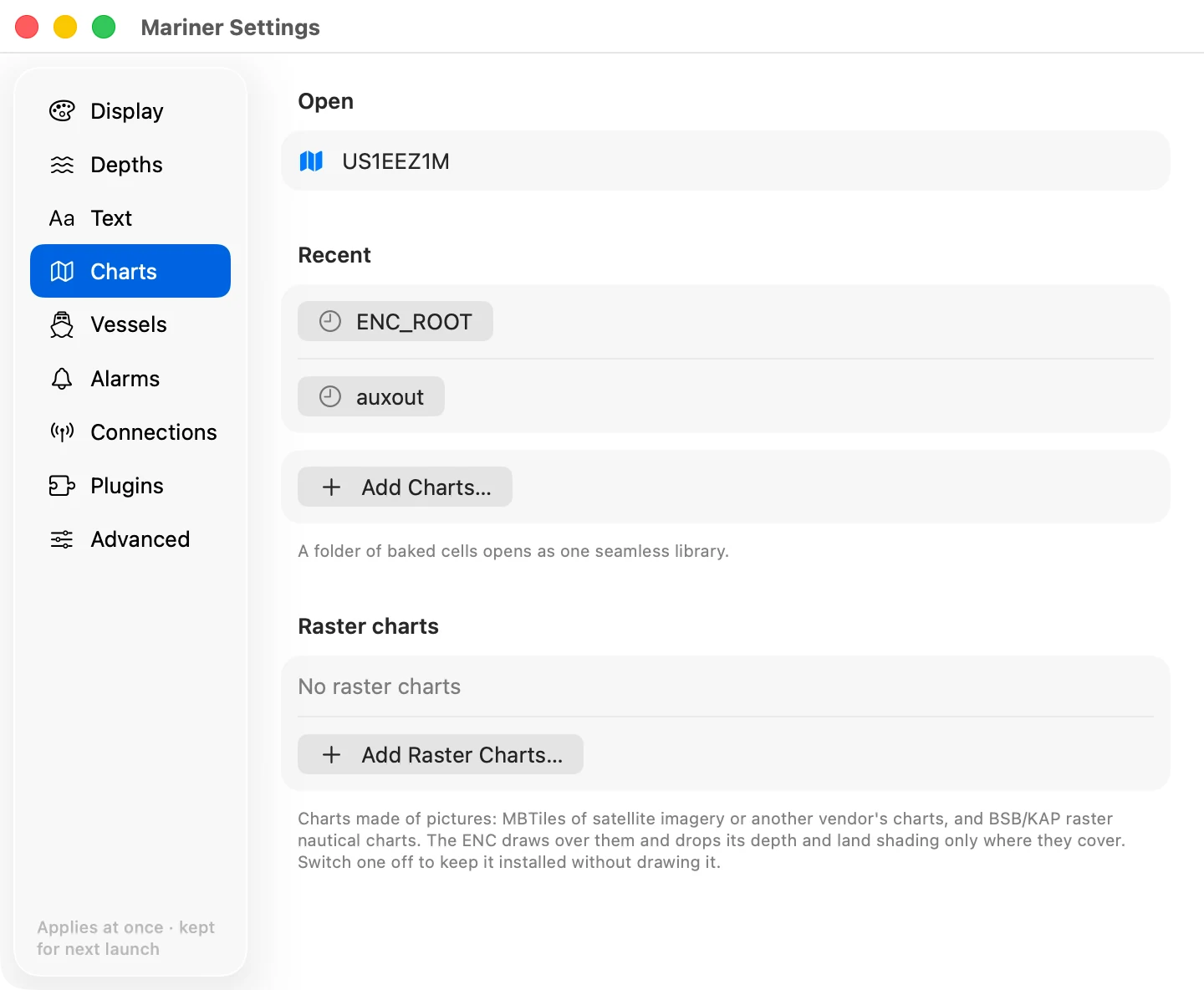 The Charts section of mariner settings on macOS