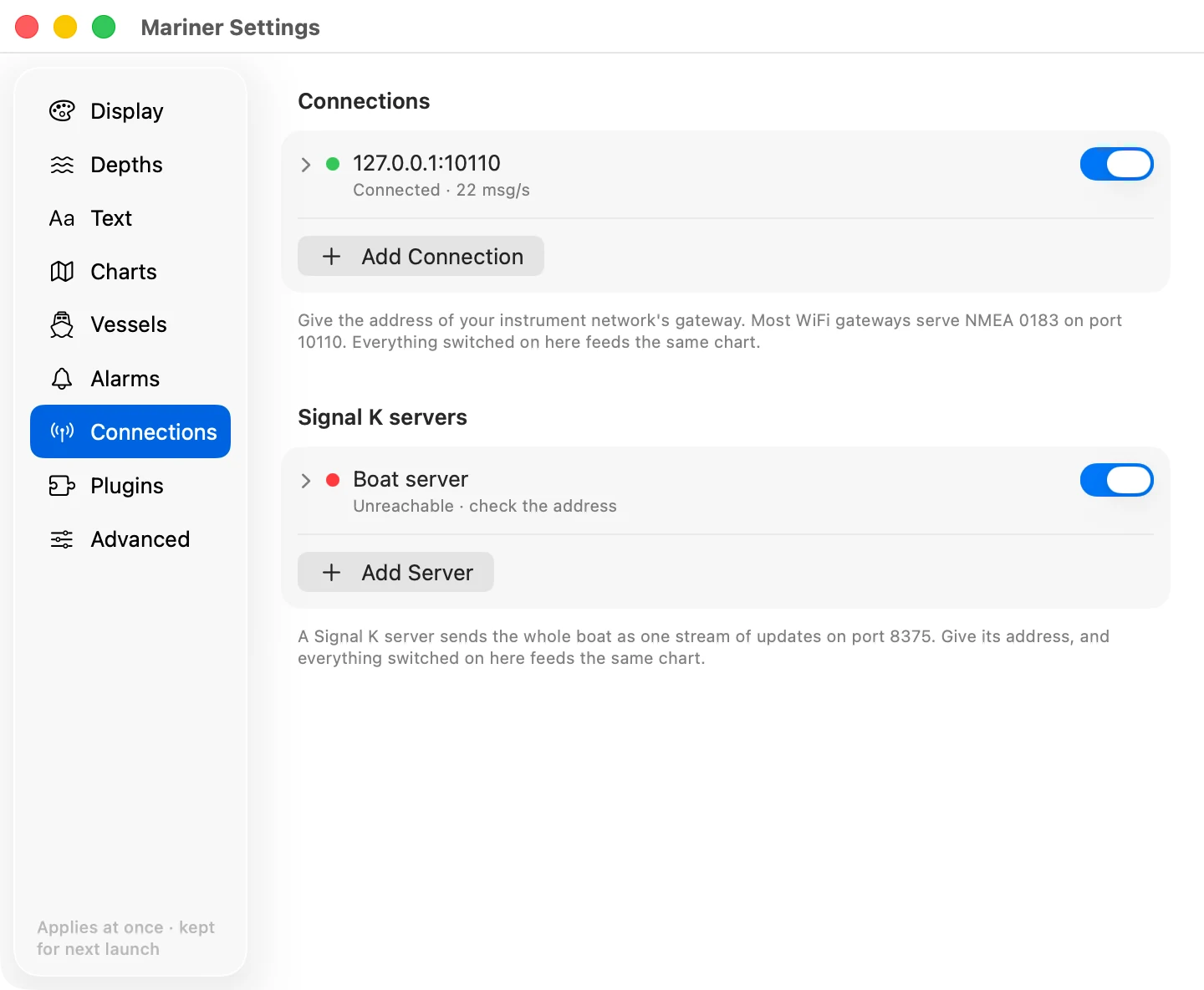 The Connections section of mariner settings on macOS