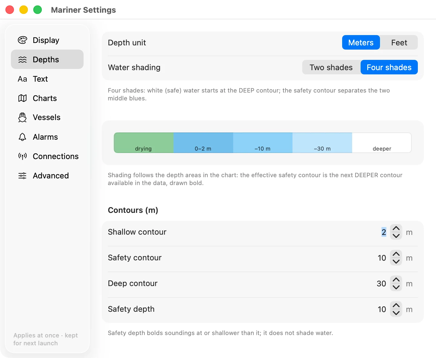 The Depths section of mariner settings on macOS