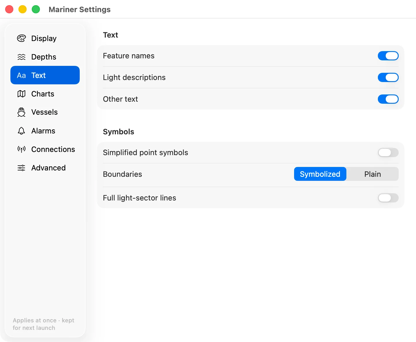 The Text section of mariner settings on macOS