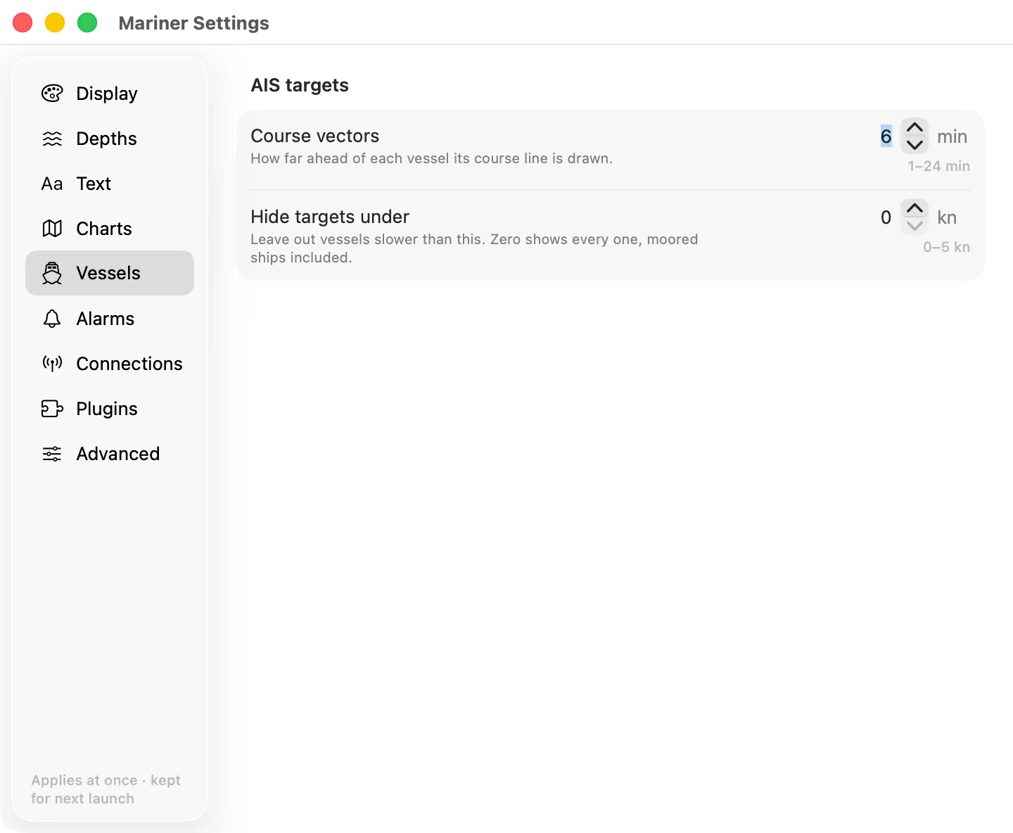 The Vessels section of mariner settings on macOS