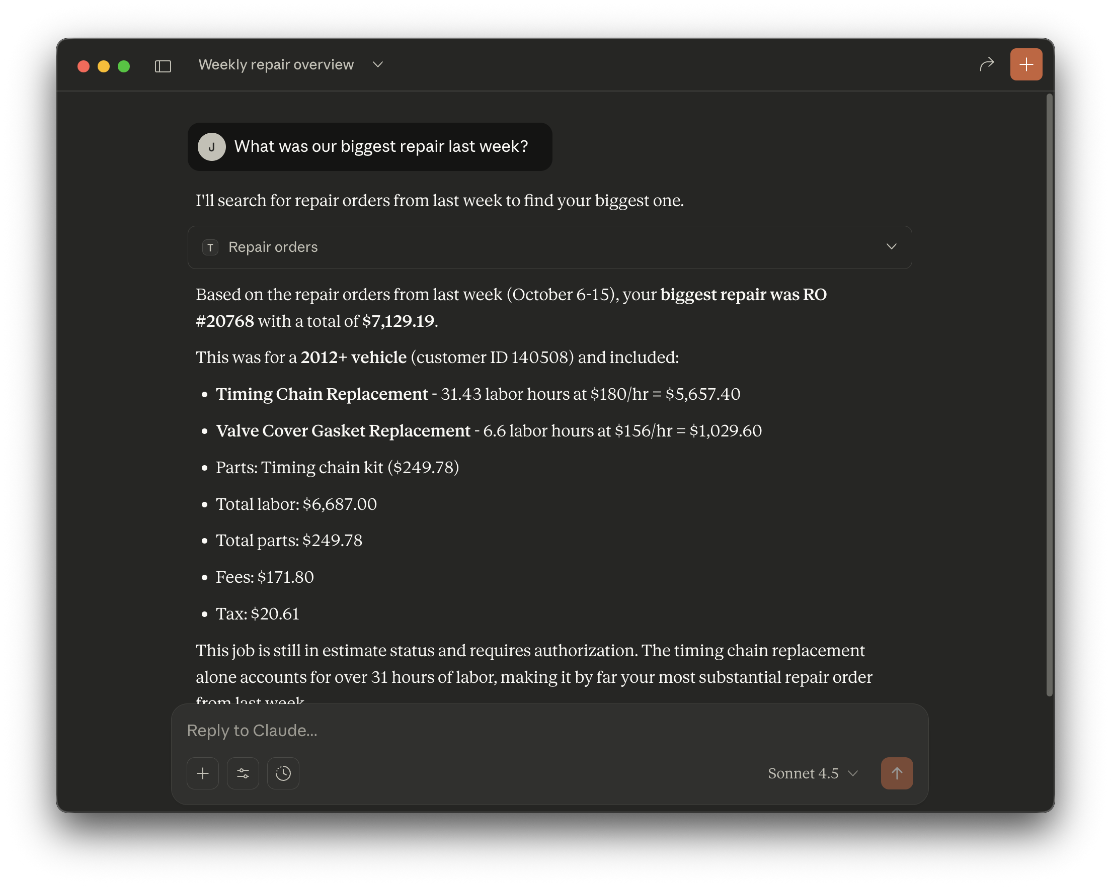 Example: Natural language query about repair orders
