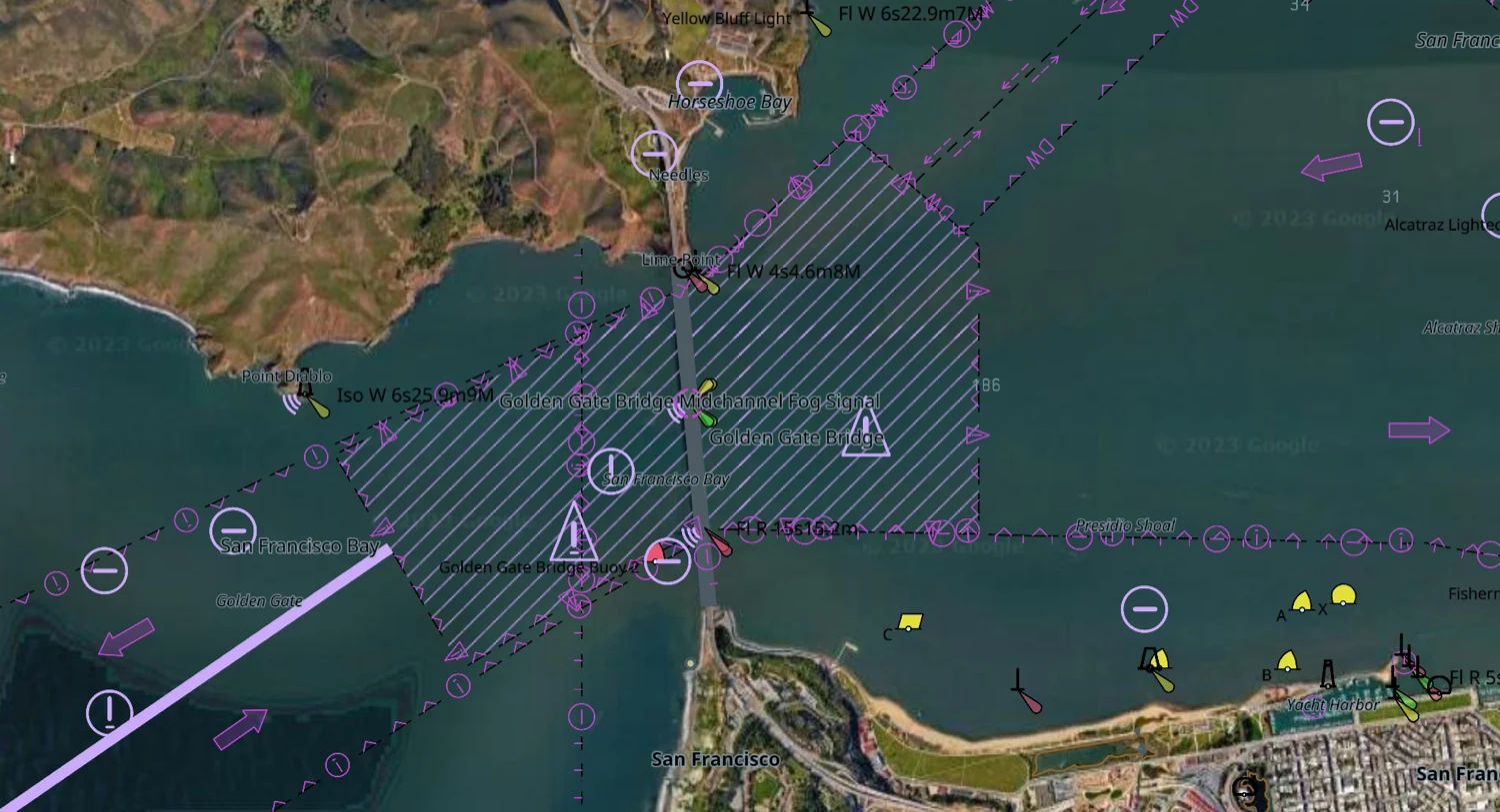 An ENC drawn over a satellite raster chart at the Golden Gate